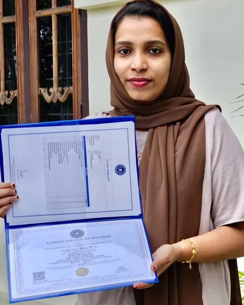 London College of Teachers graduate holding her Master-level certificate and course transcript